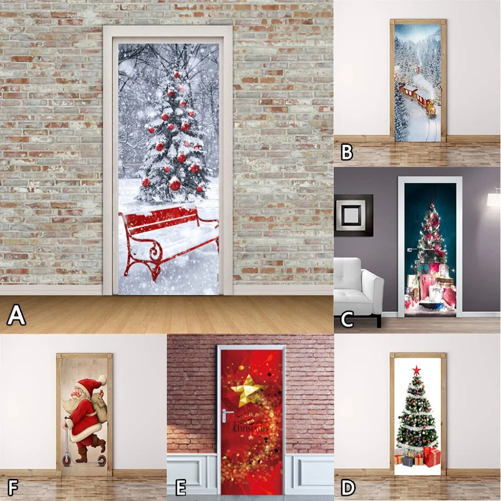 Christmas door stickers DIY home decoration decals self-adhesive PVC wallpaper door waterproof mural bedroom door decoration