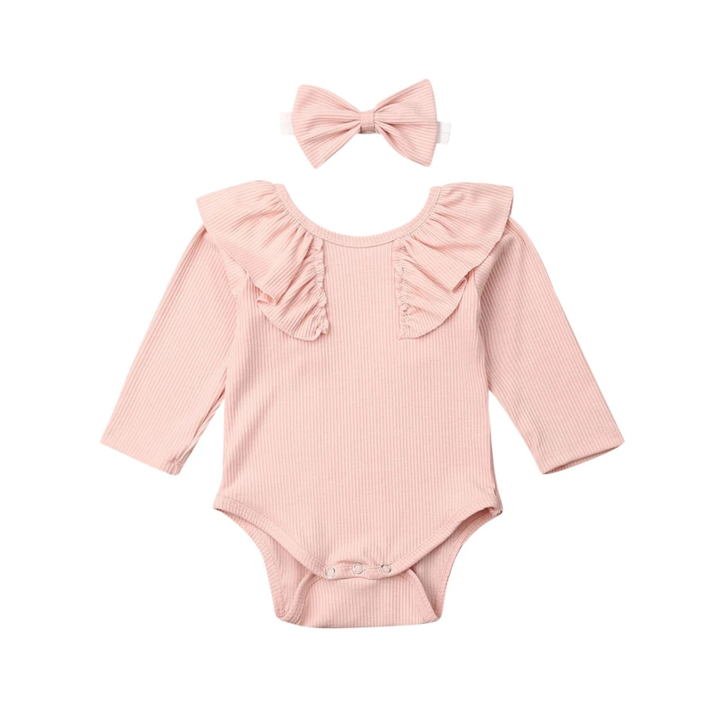 Однотонный комплект осенней одежды для новорожденных девочек из 2 предметов, боди с оборками, комбинезон с длинными рукавами, весенний наряд