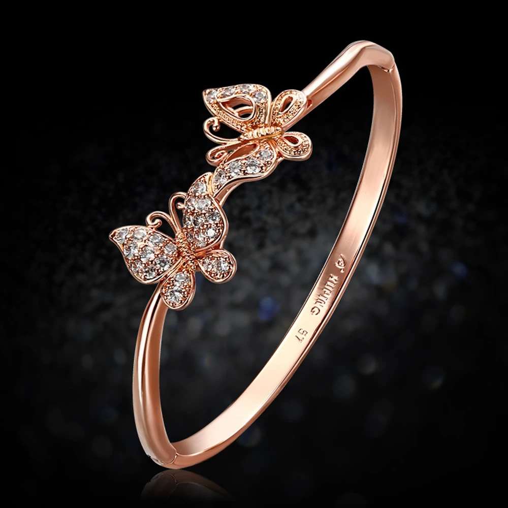 

2-Butterfly Design Bangle Rose Gold Filled Exquisite Zircon Inlaid Womens Bracelet Unique Jewelry