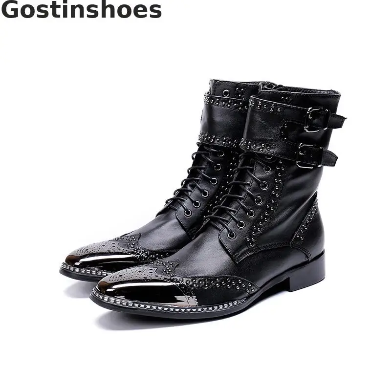 

Luxury Fashion Men Motorcyle Boots Black Genuine Leather Western Boots Wing Tip Work Boots Metal Cap Toe Men Riding Boots Lace