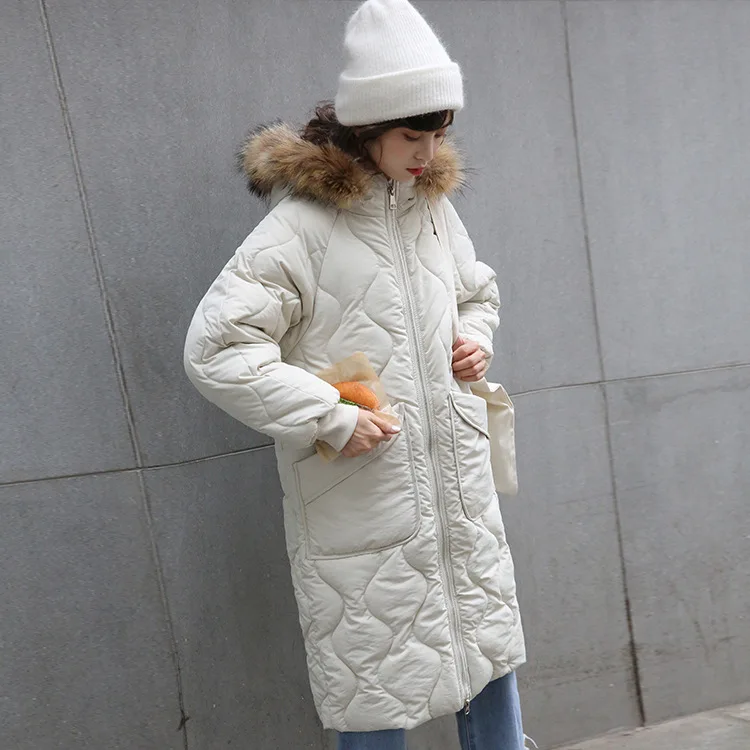 

Photo Shoot 2018 Genuine Fur Collar down Coat Korean-style Loose-Fit Mid-length Cotton Coat College Style Long Sleeve Hooded Coa