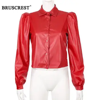 

Vintage Leather Blouse Women Korean Black Puff Sleeve Blouse Streetwear Ladies Tops Leather Button Up Shirt Long Sleeve Blouse