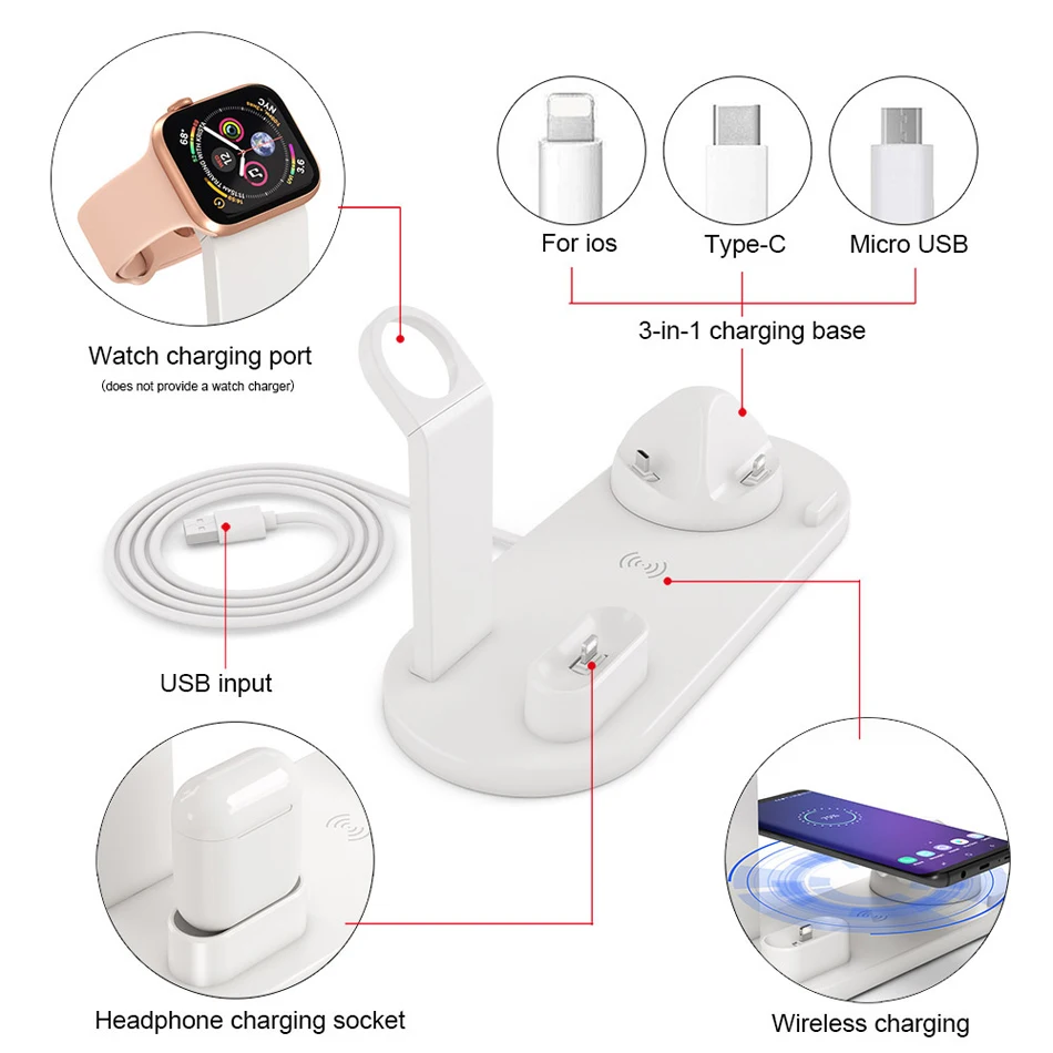 JKING 4 в 1 Qi Беспроводное зарядное устройство для iPhone 11 X XS XR 8 10 Вт usb type C Быстрая Зарядка Док-станция Подставка для Apple Watch 5 4 3 2 Airpods