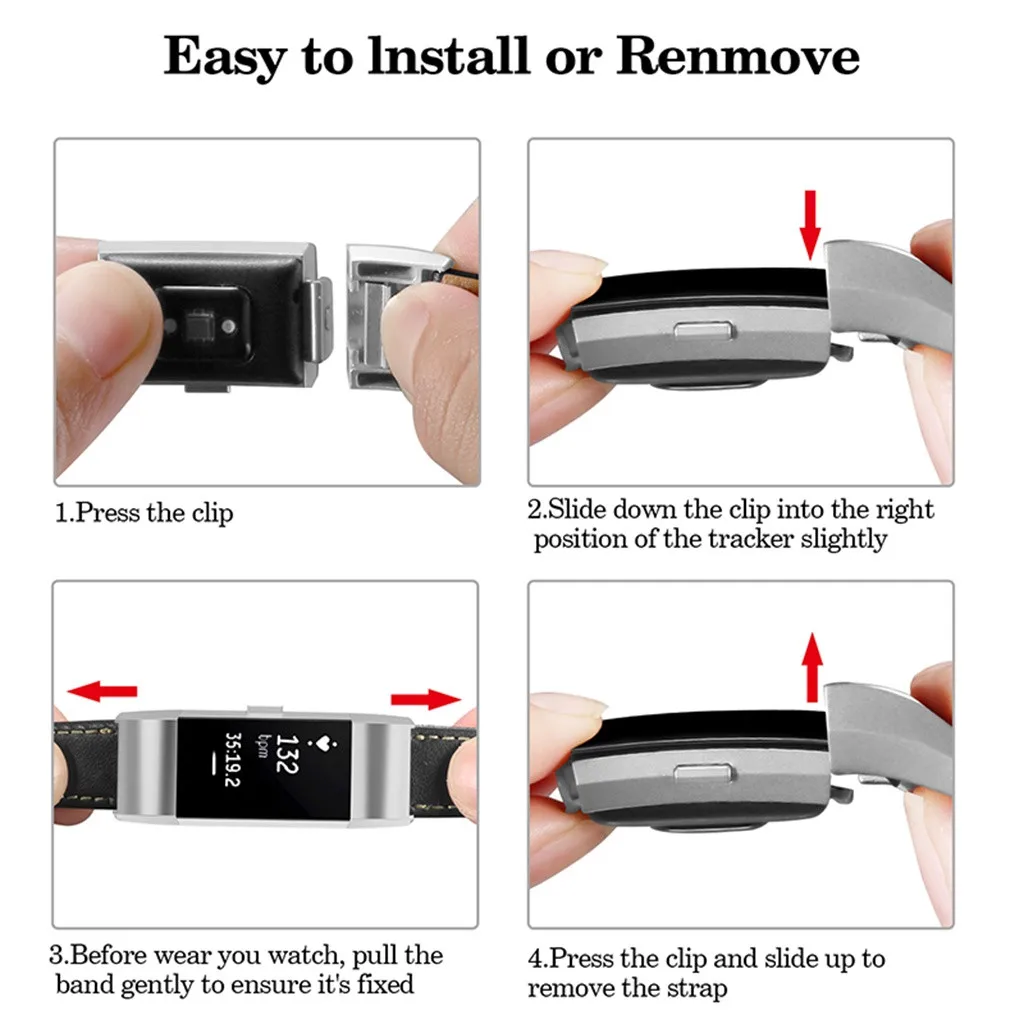 Watch Strap Replacement Leather Wristband With Metal Connectors For Fitbit Charge 2 Watch