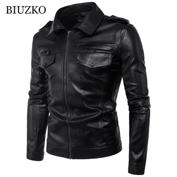 

Fashion Turn-down Collar Men Faux Leather Jacket Zippers Black Winter Jacket Slim Autumn Motorcycle PU Leather Coat