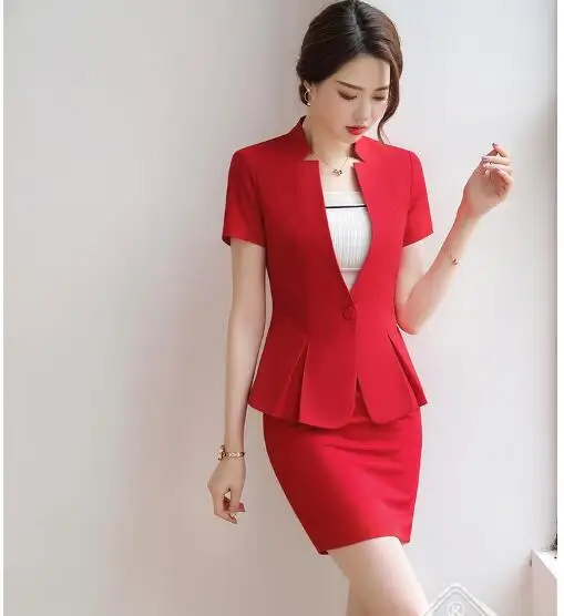 Летняя официальная Женская юбка костюм Красная куртка с коротким рукавом и юбка комплект из двух предметов бизнес интервью офисный комплект