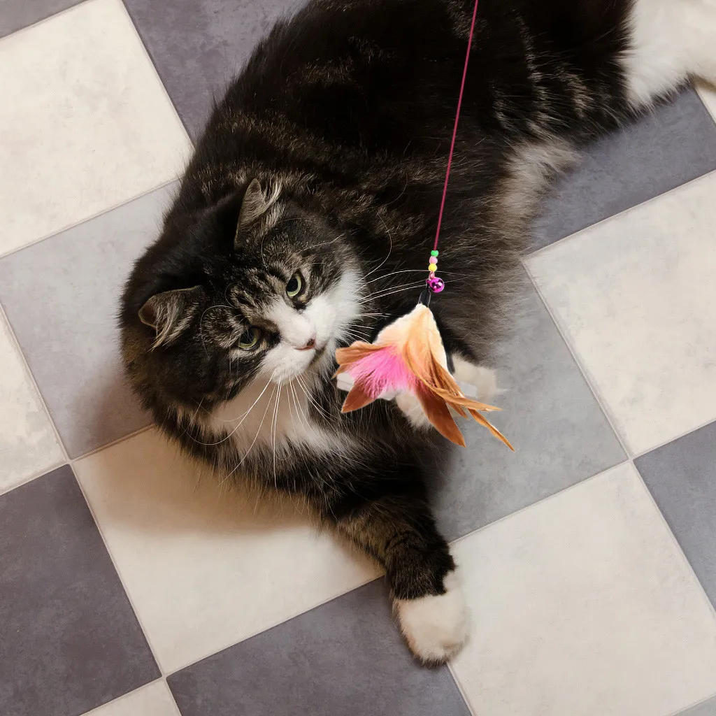 Funny cat feather hanging bell stick Toy Wire Chaser Fun Cat Feather Dangler Bell Wand Teaser Rod Play Pet Game Toys#yl