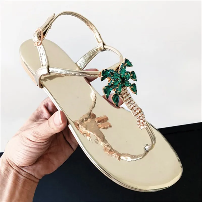 

2019 Summer Green Diamonds Tree Shape T Bar Sandals Sexy Lady Holiday Beach flip-flops Rhinestones Woman Crystal T strap Sandals