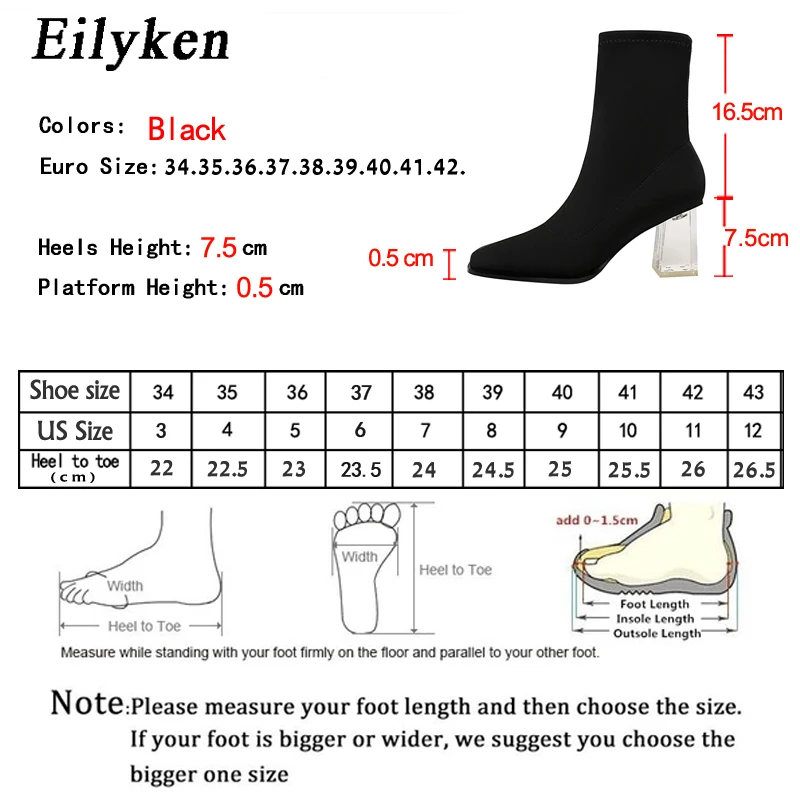 Eilyken; модные ботинки с коротким носком из эластичной ткани; ботильоны на прозрачном каблуке 7,5 см; сезон осень-зима; женские ботинки с квадратным носком