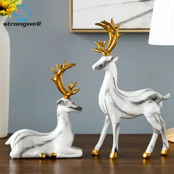 

Stongwell Nordic Marbled Deer Statue Couple Elk Sculpture Desktop Decoration Luxury Room Decor Handicraft Home Decorations Gift