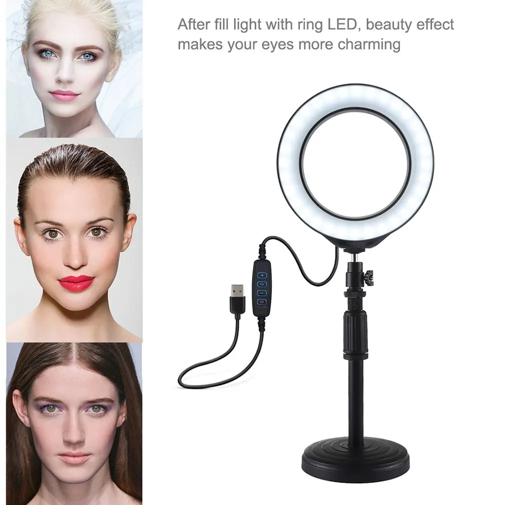 

Round Base Desktop Mount + 6.2 Inch 3 Modes Usb Dimmable Led Ring Vlogging Video Light Adjustable Height: 18Cm-28Cm
