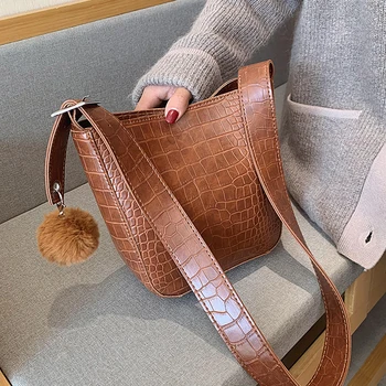 

Stone Pattern PU Leather Bucket Bags For Women 2019 Small Crossbody Shoulder Messenger Bag Hairball Handbags