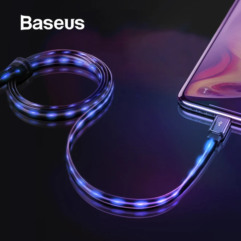 Плоский светящийся usb-кабель Baseus 2,4 A для iPhone Xs Max 8 Plus 1 м, светодиодный usb-кабель для быстрой зарядки и синхронизации данных для iPhone SE 7