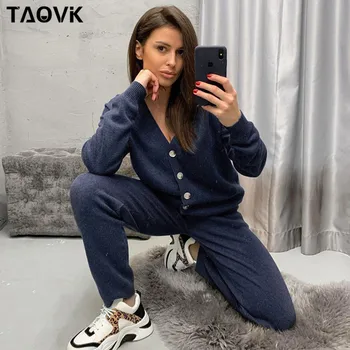 

TAOVK Women's Knitted tracksuit Long sleeve Cardigan Single-breasted Two-piece custome