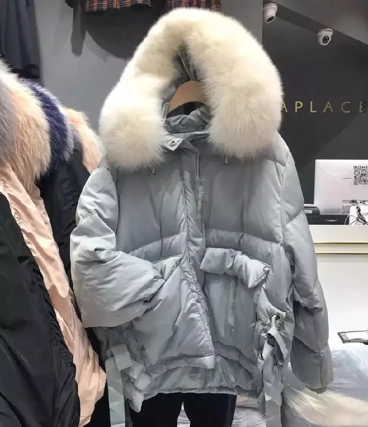 [Распродано, не снимайте] новые модели на осень и зиму, пуховик в Корейском стиле, свободный пуховик со шнуровкой и воротником из лисьего меха