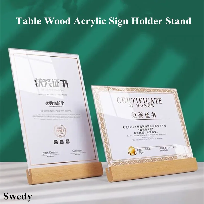 A4 L Shape Wooden Acrylic Sign Holder Table Menu Card Display Stand Clear Plastic 8.5x11 Picture Photo Poster Frames