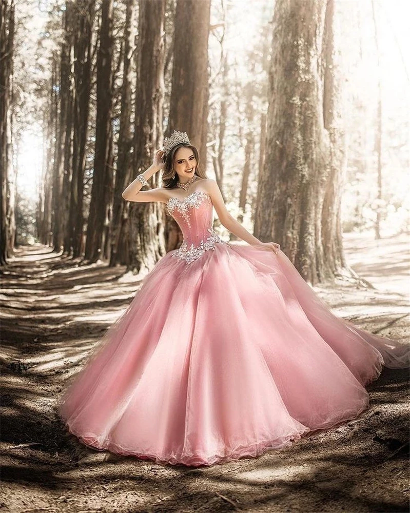 Vestidos de princesa rosa de quinceañera para baile de 16 años, vestido de baile de graduación, Sexy, sin espalda, escote en forma de corazón, tul, de Debut para mujer| | - AliExpress