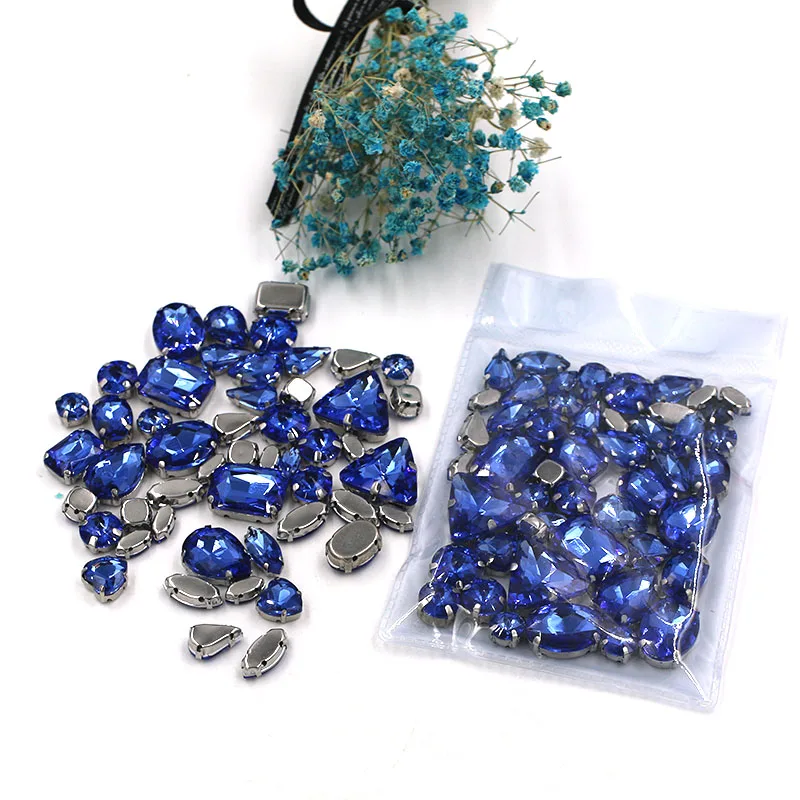 

New arrival 50pcs/bag mixed shape light blue glass crystal sew on rhinestones with claw diy clothing accessories
