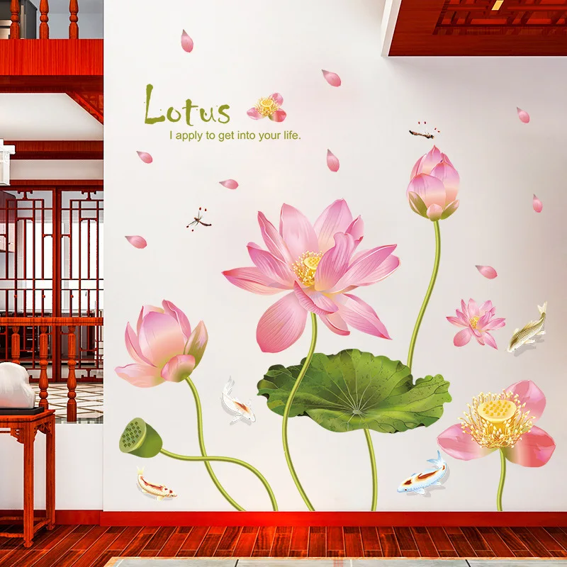 Lotus Leaf Pond 3D Wall Stickers Pink Lotus Flower Decal 60x90cm Sofa Home Decor