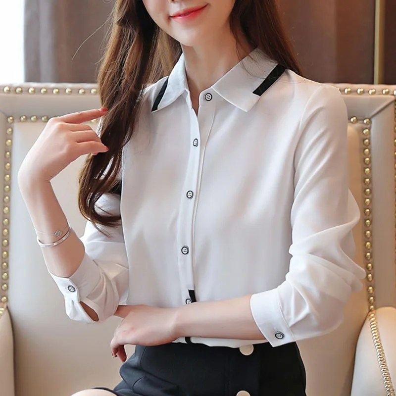 

Fashion korean clothing 2019 chiffon shirt elegent evening tops for womens office long sleeve top buton solid female blusas 0367