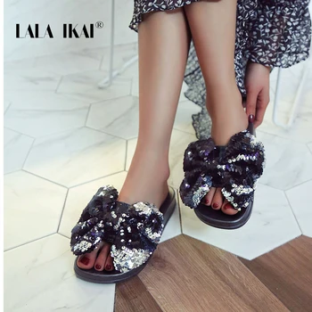 

LALA IKAI Women Summer Slippers Open Toe Bling Big Bow Knot Flip Flops Flat Heels Beach Indoor Home Ladies Slippers XWA11118-4