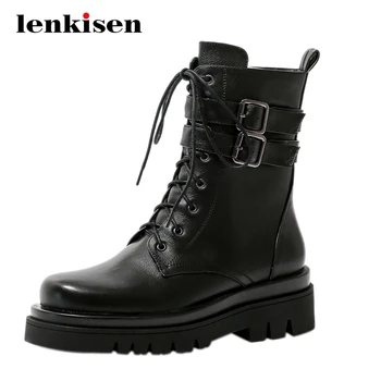 

Lenkisen large size winter new boots real leather metal fastener platform round toe high heel zipper coolest mid-calf boots L7f6