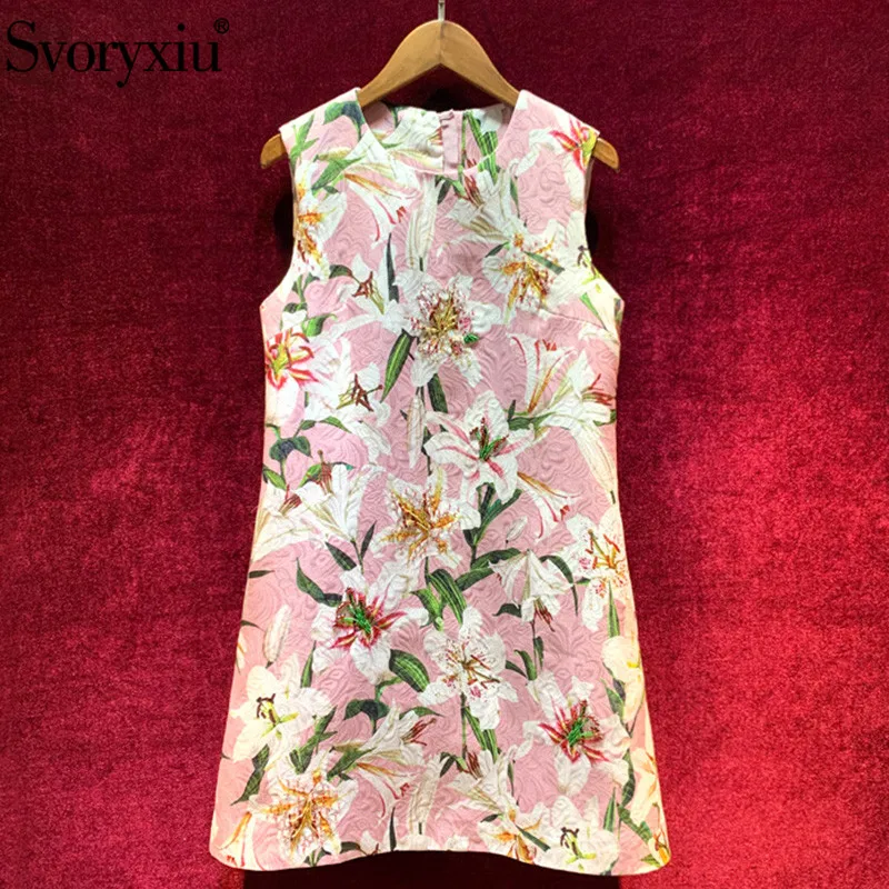 

Svoryxiu New Runway Autumn Winter Party A-Line Mini Dress Women's Diamond Beading lily Flower Print Jacquard Sleeveless Dress