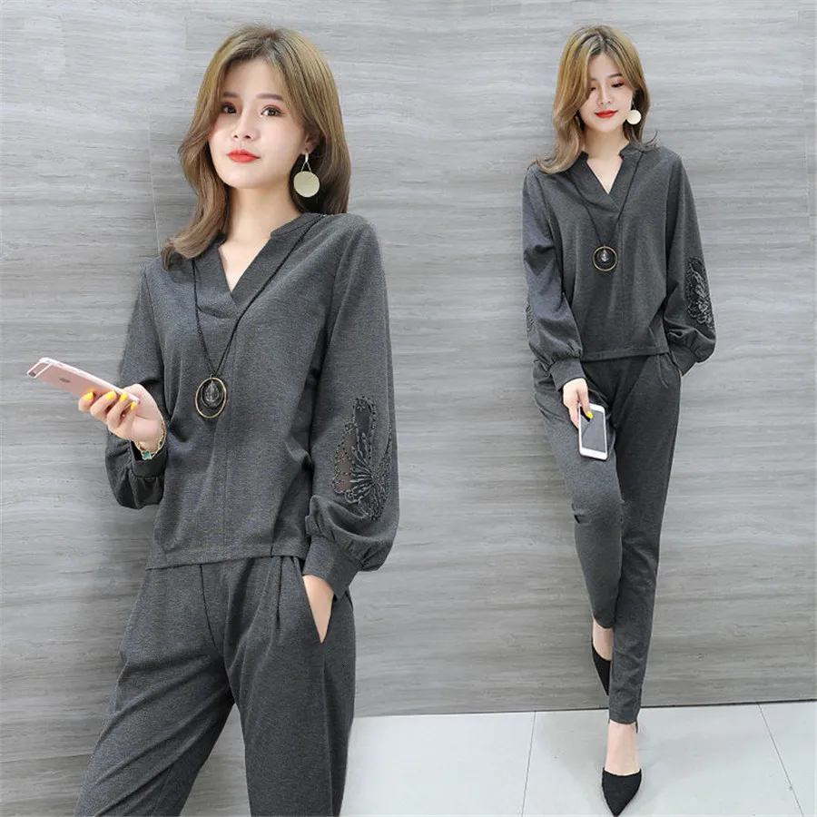  2 Piece Set plus Large Size Women tracksuit matching outfits Tops Pants Autumn Winter Casual Office