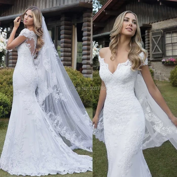 

Mermaid Wedding Dresses V Neck Off the Shoulder Short Sleeves Lace Appliques Illusion Bridal Gown Vestidos De Noiva Court Train