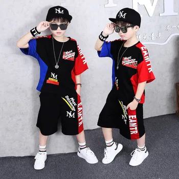

Plus Size Boys Suits T-Shirt and Pants Short Sleeves Summer Street-swear Hip-hop Cotton Made Handsome Style T-Shirts