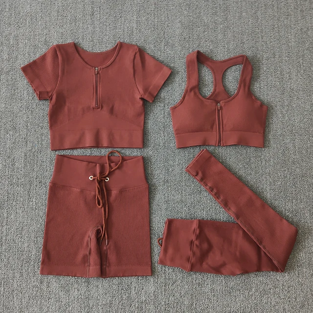 Seamless Women Yoga Set Workout Sportswear Gym Clothing Zipper Long Sleeve High Waist Leggings Fitness Bra Athletic Sports Suits 4PCSBrown