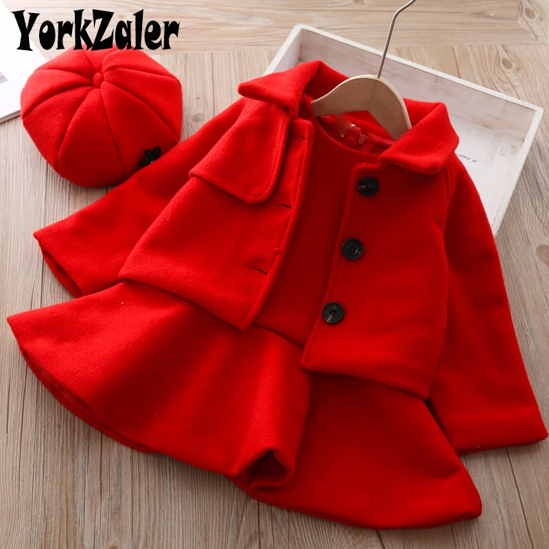 

Thunderers Autumn Winter Children 2pcs Outfits Lapel Jacket Dress With Cap Red Thick Fashion Kids Little Girl Clothing Suit