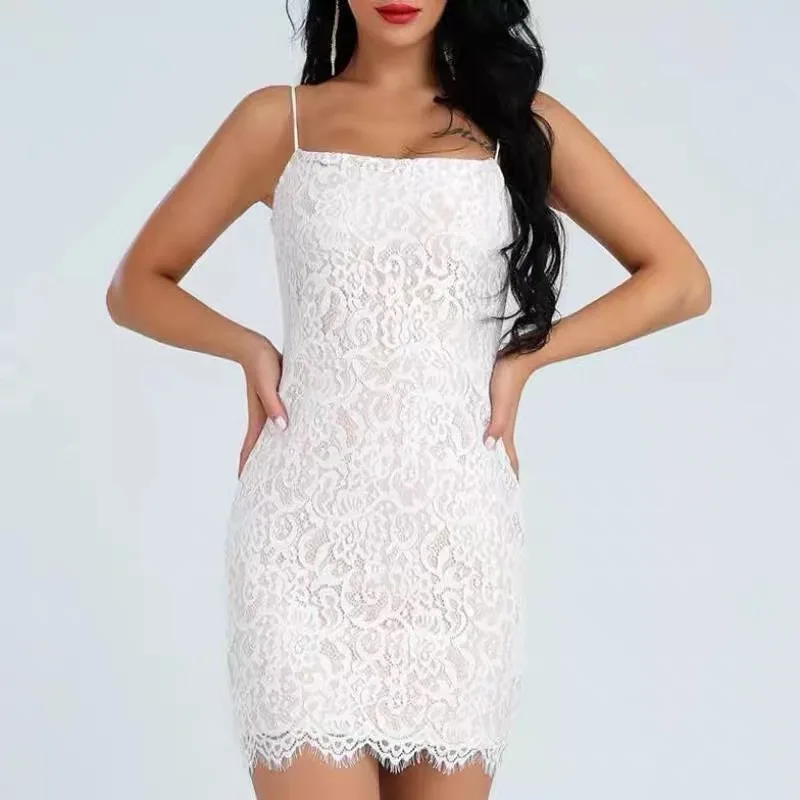 

2021 Spaghetti Strap Bandage Dress Sexy Women Party Dress Summer Lace Casual Slim Nightclub Mini Robe Femme French Vestidos