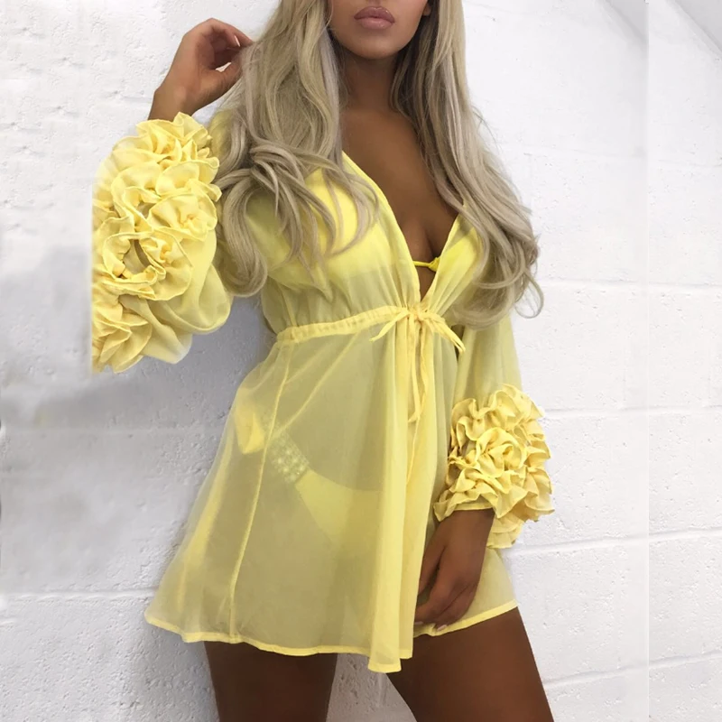 Sexy Women Beach cover-Ups Long Puff Sleeve Bathing Suit Summer Beach Wear Pareo Swimwear Mesh Beach Dress Tunic Robe Sexy Women Beach cover-Ups Long Puff Sleeve Bathing Suit Summer Beach Wear Pareo Swimwear Mesh Beach Dress Tunic Robe