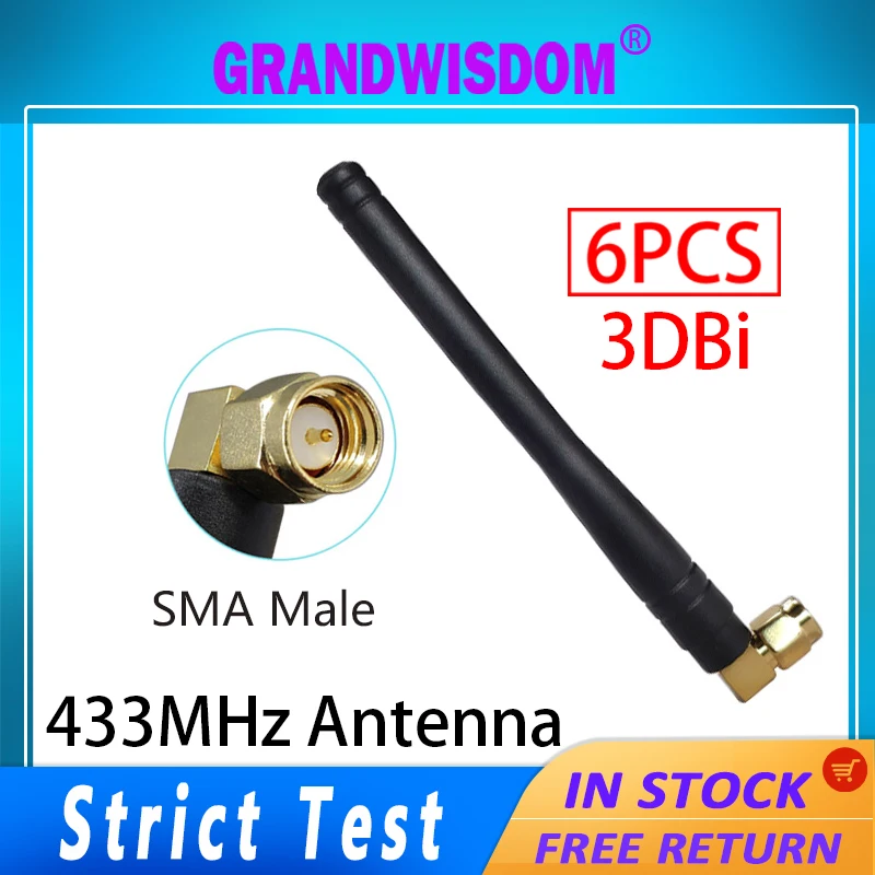 GRANDWISDOM 6 шт. 433 МГц Антенна 3dbi sma Мужская lora антенна pbx iot модуль lorawan сигнальный