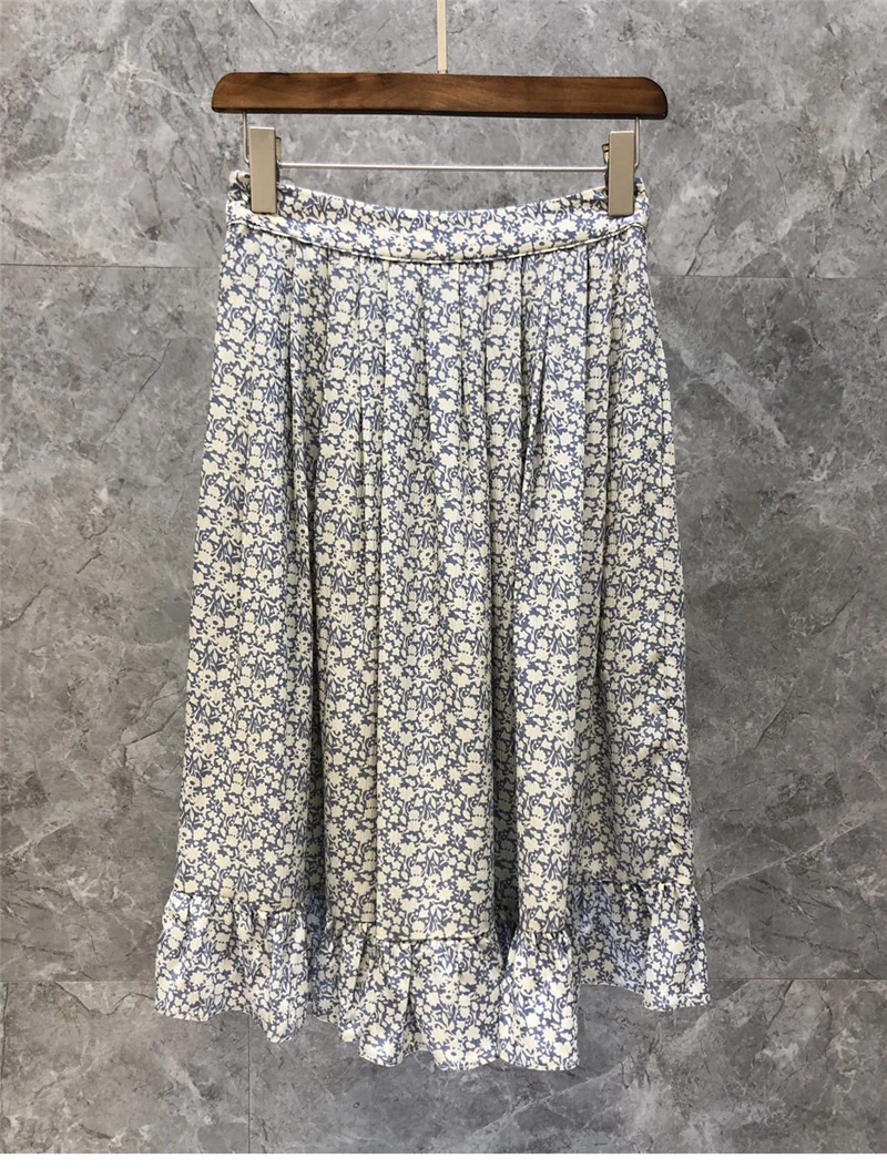 

100%Silk Skirts 2021 Summer Fashion Clothing Women Ruffle Deco Mid-Calf Length A-Line Casual Vintage Print Skirt Outfits Ladies