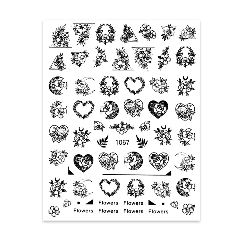 

Black Geometric Character Love Flower Nail Art Sticker Water Stickers Transfer Decals Set Slider Tattoo Foil Manicure Dec