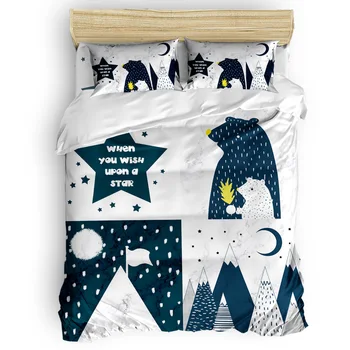 

Blue Star Bear Four Illustration Duvet Cover Set 2/3/4pcs Bedding Set Bed Sheet Pillowcases Cover Set