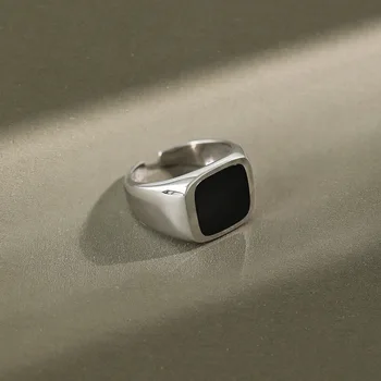 

Real 925 Sterling Silver Minimalist Big Black Zircon Opening Ring For Fashion Women Party Elegant Lines Fine Jewelry Gift