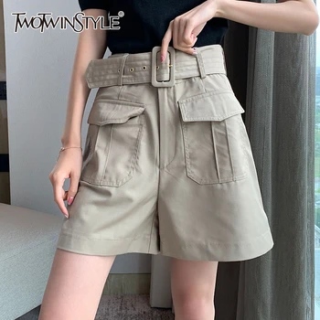 

TWOTWINSTYLE Casual Loose Women Shorts High Wiast With Sahes Patchwork Pockets Short Pants For Female Clothing 2020 Spring Tide