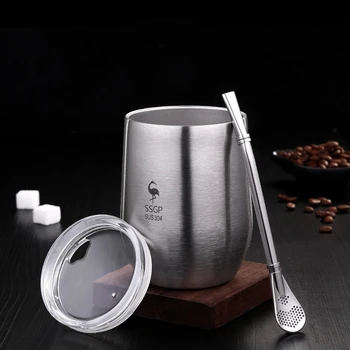 

304 Stainless Steel Coffee Mugs Simple Tea Water Cups With Cover Send Spoon Creative Drinkware