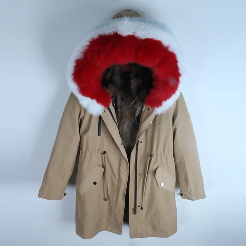 7 dark khaki coat Новинка, теплое зимнее женское пальто с воротником из натурального Лисьего меха, длинная парка с подкладкой из натурального меха енота, модная плотная уличная одежда - Цвет: 7 dark khaki coat