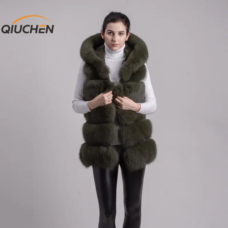 QIUCHEN PJ8062 Новое Женское зимнее меховое пальто натуральный Лисий мех жилет с большим капюшоном натуральный мех высокое качество Лисий жилет Горячая Распродажа