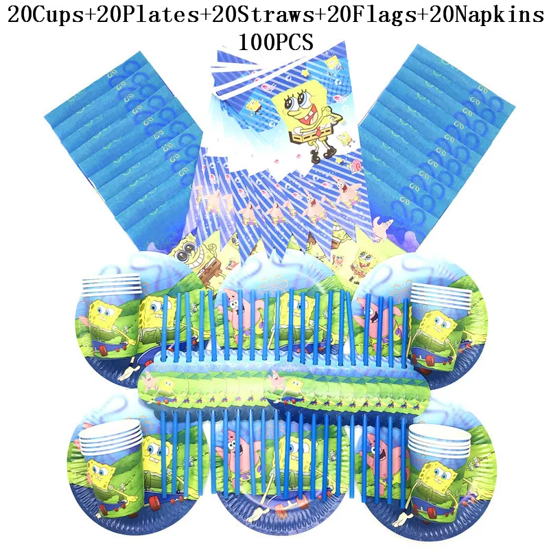 

100Pcs/lot Spongebob Party Supplies Disposable Spongebob Cups Plates Napkins Straws Flag Happy Birthday Decorations For Kids
