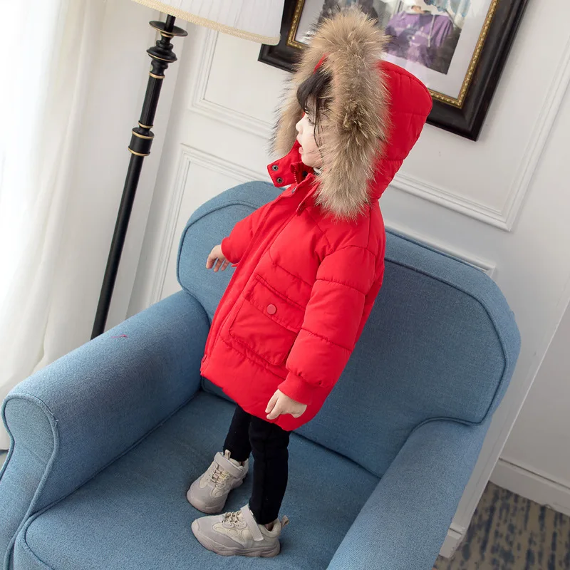 Теплое пуховое пальто с большим мехом для новорожденных девочек зимняя куртка для маленьких девочек модная плотная верхняя одежда высокого качества для девочек от 1 до 3 лет Одежда для маленьких девочек