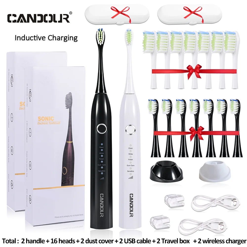 Cantour-USB 충전 충전식 음파 전동 칫솔 CD5166, 성인용 교체 브러시 헤드 16 개