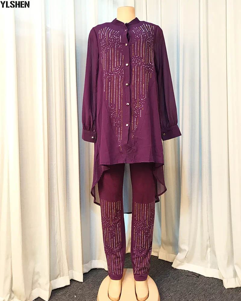 3 Piece Set African Dresses for Women Dashiki Button Diamond African Dress Bodycon Top + Pants Clothes Plus Size Africa Clothing 09