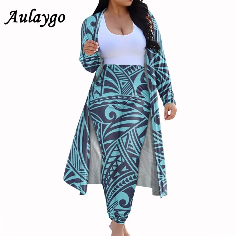 

2 Piece Set African Printing Hawaiian Polynesian Elastic Baggy Pants Lady Outfits Plus Size Women Fashion Cardigan Trench Coat