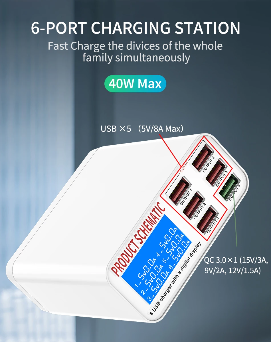 iHaitun Universal 40W Multi 6-Port USB Charger Desktop Charging Station Power Adapter Hub Travel Charger For iPhone Smartphone
