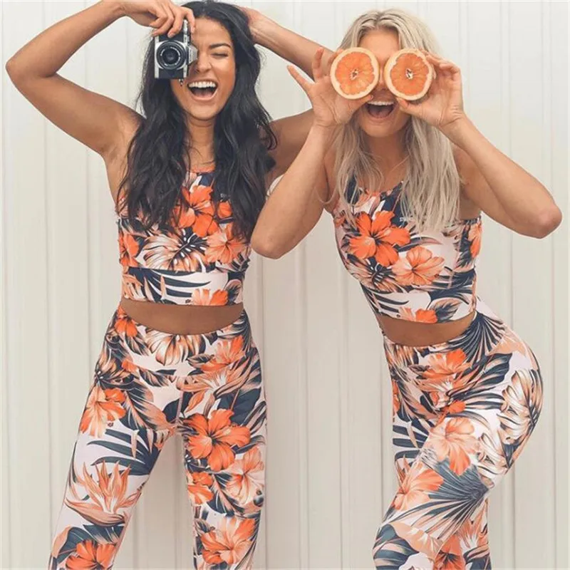 

Floral Printed Women's Tracksuit Sexy Halter Yoga Bra Sport Legging Tights Running Gym Fitness Yoga Set Sportswear Sports Suit